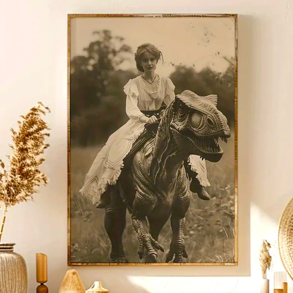 "Jurassic Jane" - Quirky Canvas Print Wall Art Dinosaur Victoria. Rider
